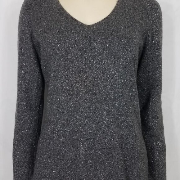 Ann Taylor gray silver metallic 100% Cashmere ruffled sleeve sweater Medium - Picture 1 of 7